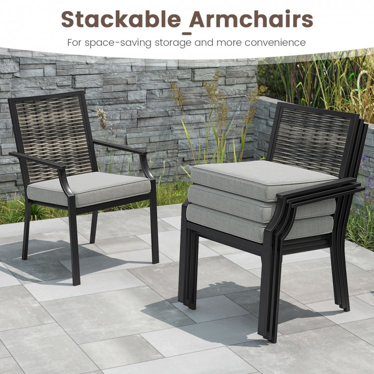 Stackable rattan armchairs with grey removable cushions, featuring a durable PE rattan backrest for outdoor comfort.