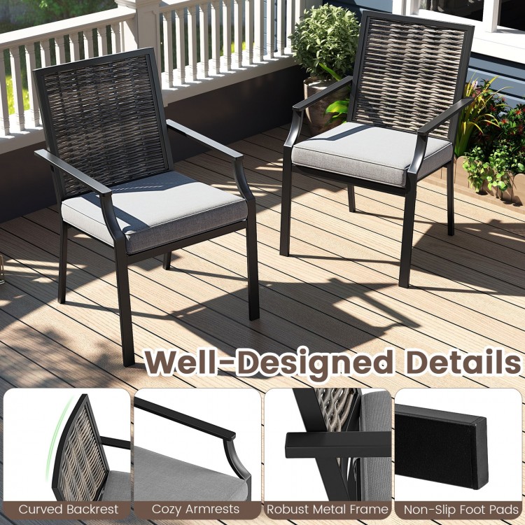 Stackable patio wicker chairs set of 2 with grey removable cushions and durable PE rattan, perfect for outdoor.