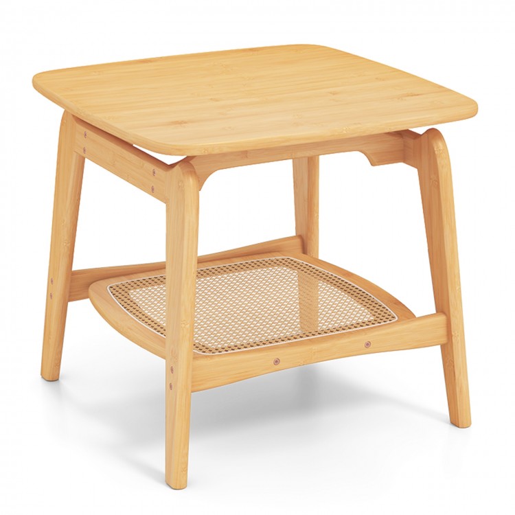 Boho bamboo side table with faux rattan shelf, featuring a curved design and two-tier storage for living rooms or.