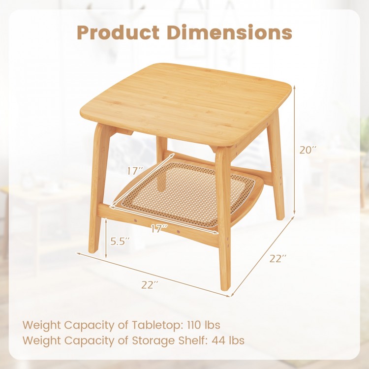 Boho bamboo side table with faux rattan storage shelf, featuring a natural finish and elegant curved design for.