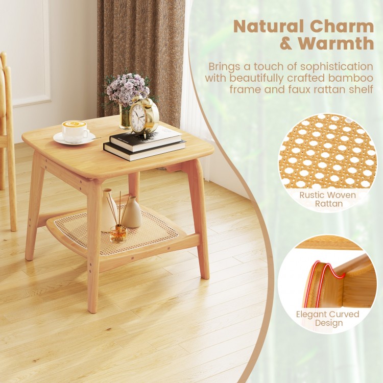 Boho bamboo sofa side table with faux rattan shelf, featuring elegant curved design and 2-tier storage for versatile.