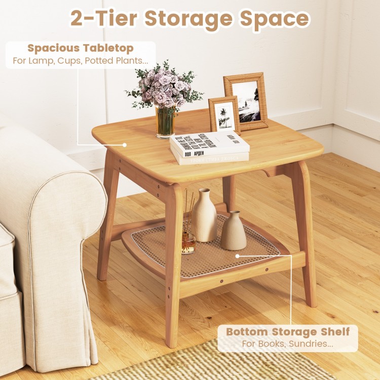 Boho bamboo sofa side table with faux rattan storage shelf, featuring a spacious tabletop and bottom shelf for.