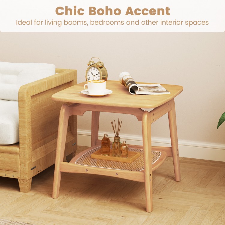 Boho bamboo side table with faux rattan shelf, featuring a curved design and 2-tier storage for living rooms or.