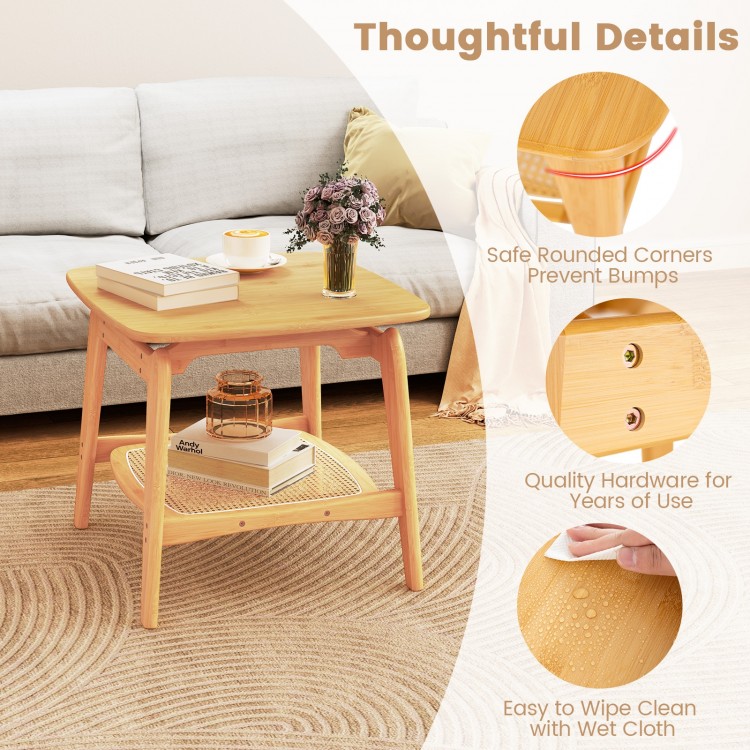 Boho bamboo sofa side table with faux rattan shelf, featuring rounded corners and easy-to-clean surface for stylish.