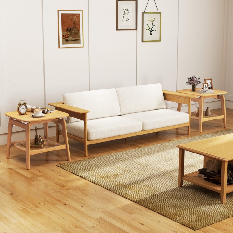 Boho bamboo sofa side table with faux rattan shelf, featuring elegant curves and 2-tier storage for living spaces.