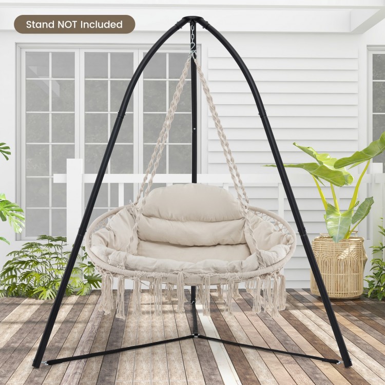 Hand-woven rope hanging chair in beige with thick cushion, featuring a sturdy folding metal frame for versatile.