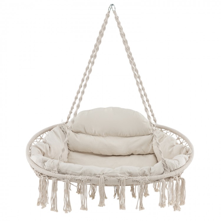 Hand-Woven Rope Hanging Chair with Thick Cushion and Folding Metal Frame - Gallery View 1 of 12