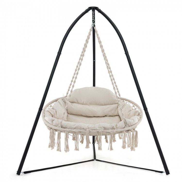 Hand-woven rope hanging chair in beige with thick cushion and folding metal frame, perfect for versatile indoor or.
