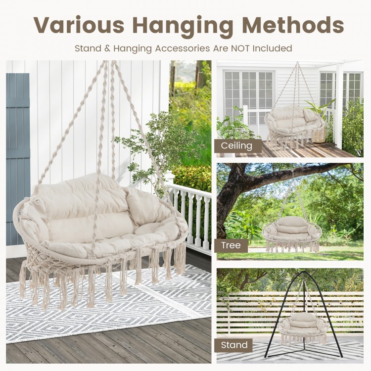 Hand-woven rope hanging chair in beige with thick cushion, showcasing various hanging methods for versatile.