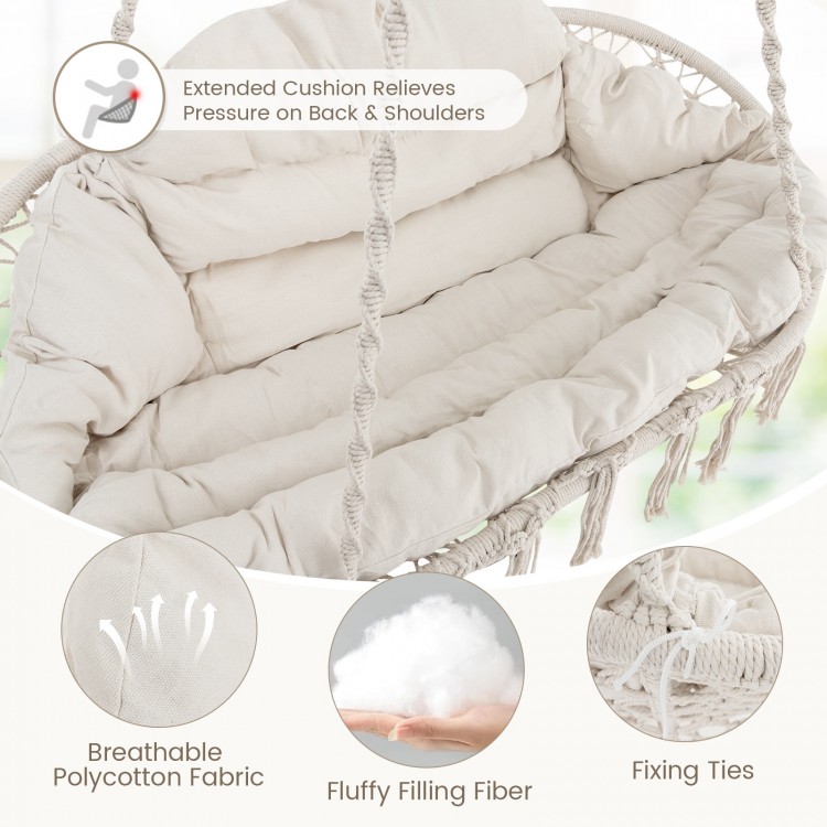 Close-up of the hand-woven rope hanging chair with thick beige cushion, showcasing breathable poly-cotton fabric for.