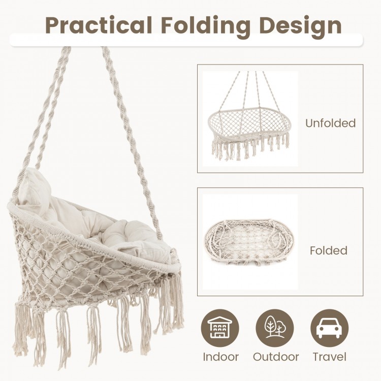 Hand-woven rope hanging chair in beige with thick cushion, featuring a practical folding design for easy storage.