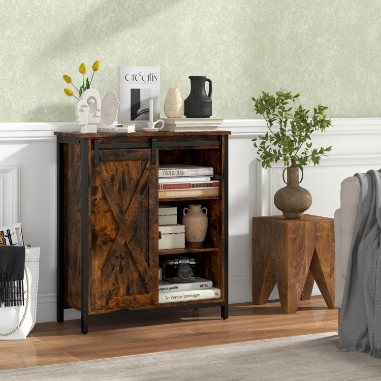 Rustic brown 32-inch farmhouse sideboard buffet cabinet with sliding barn door and adjustable shelves for versatile.