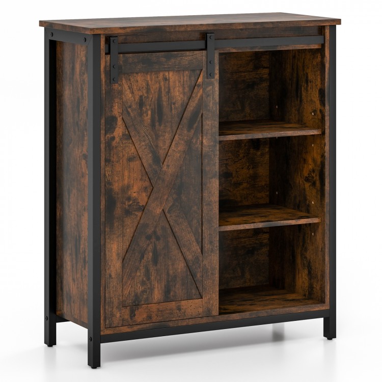 Rustic brown 32-inch farmhouse sideboard buffet cabinet showcasing an elegant design with a sliding barn door for easy.