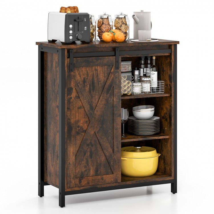 Rustic brown 32-inch farmhouse sideboard buffet cabinet with adjustable shelves and a stylish sliding barn door for.