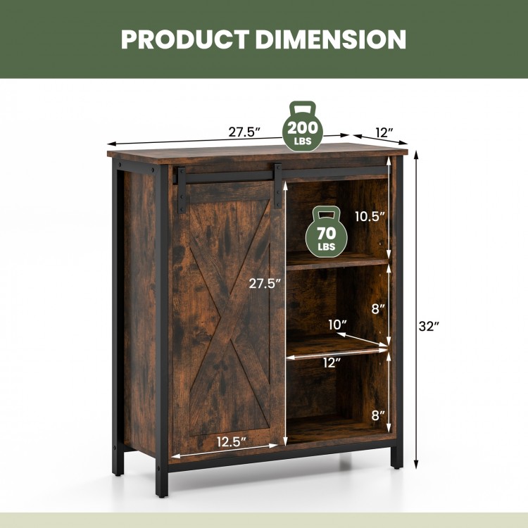Dimensions of the 32 Inch Farmhouse Sideboard Buffet Cabinet with sliding barn door, showcasing adjustable shelves and.