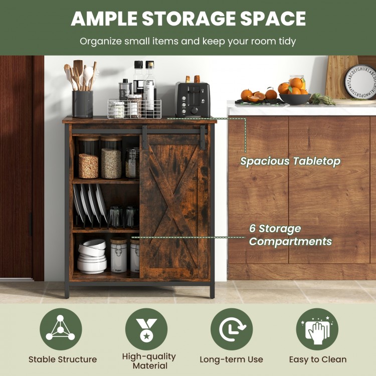 Farmhouse sideboard buffet cabinet in rustic brown with sliding barn door and six storage compartments for organized.