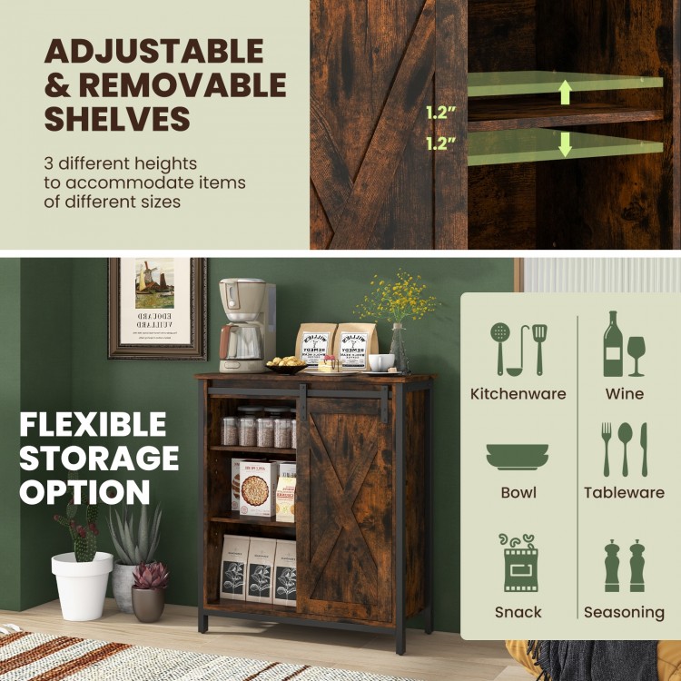 32-inch farmhouse sideboard buffet cabinet in rustic brown with sliding barn door and adjustable shelves for versatile.