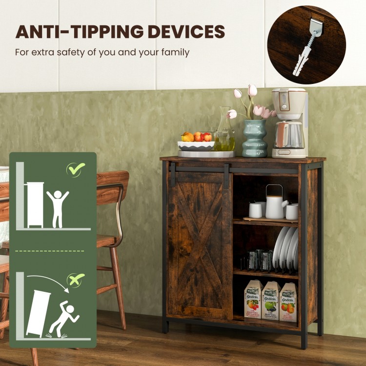 Rustic brown 32-inch farmhouse sideboard buffet cabinet with sliding barn door and anti-tipping devices for safety.
