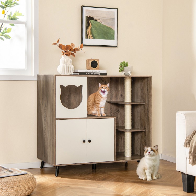 Cat litter box enclosure with scratching posts, featuring a cat-shaped hole and spacious design for indoor cats.