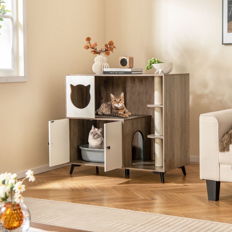 Cat litter box enclosure with sisal scratching posts, featuring a play area and private potty space for indoor cats.