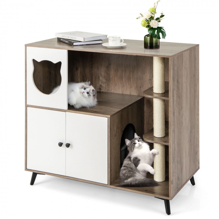 Cat litter box enclosure with scratching posts, natural wood finish, features play area and private potty space for.