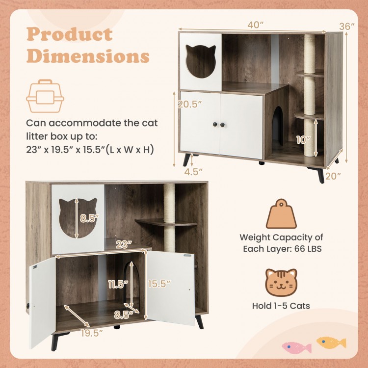 Cat litter box enclosure with sisal scratching posts, featuring a cat-shaped hole and spacious design for indoor cats.