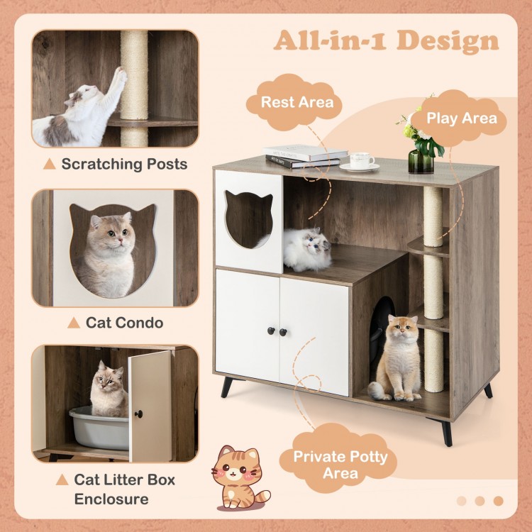 Cat litter box enclosure with scratching posts, play area, and private potty space, designed for indoor cats.