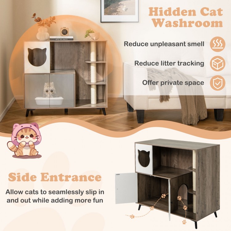 Cat litter box enclosure with sisal scratching posts, featuring a cute cat-shaped entrance for indoor cats and added.