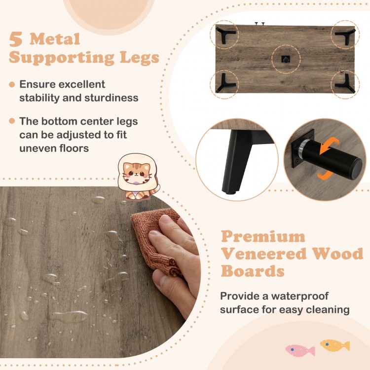 Cat litter box enclosure with natural veneered wood, 5 metal legs, and sisal scratching posts for indoor cats.