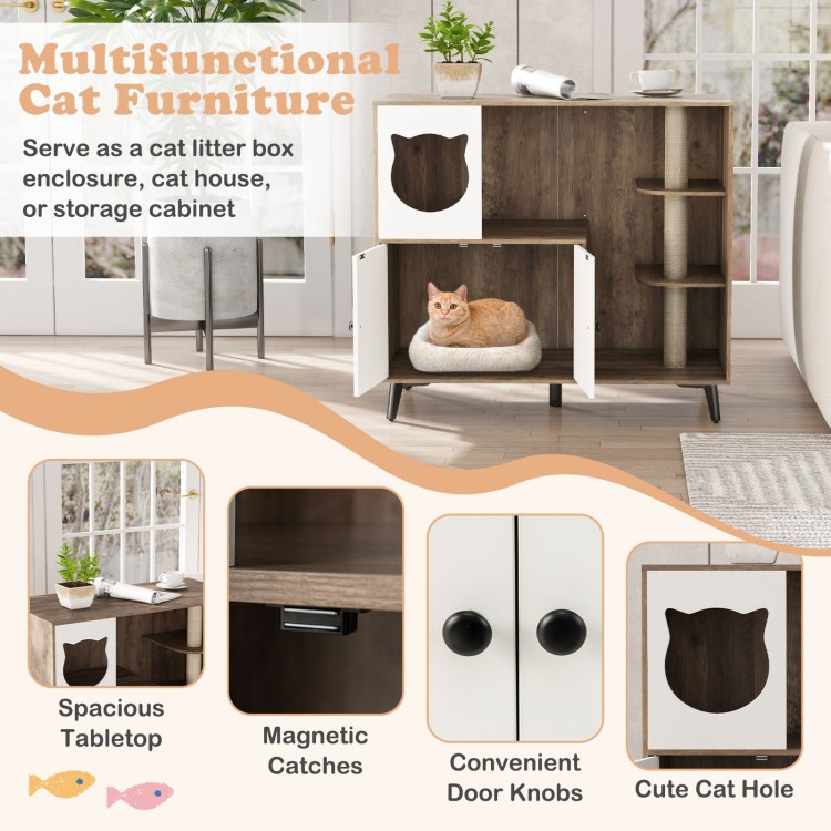 Cat litter box enclosure with a spacious tabletop, sisal scratching posts, and a cute cat-shaped hole for indoor use.