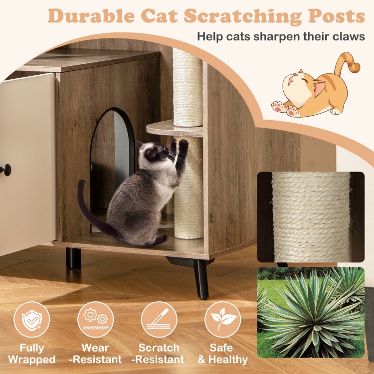 Cat litter box enclosure featuring three sisal scratching posts, natural wood finish, and playful design for indoor.