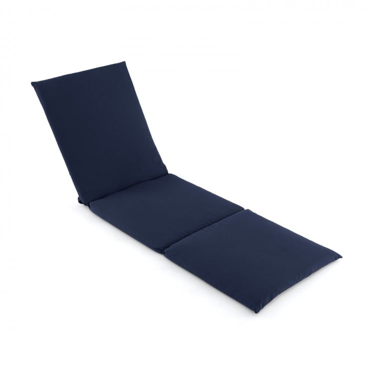Navy outdoor chaise lounge cushion with fixing straps, tri-fold design for versatile reclining positions, ideal for.