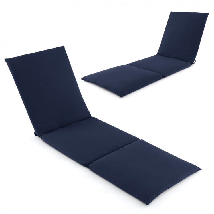 Navy folding chaise lounge cushion shown from a side angle, featuring soft fabric and fixing straps for outdoor use.