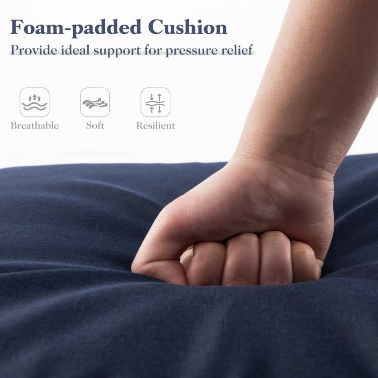 Foam-padded navy chaise lounge cushion with fixing straps, soft and breathable for outdoor comfort and pressure relief.