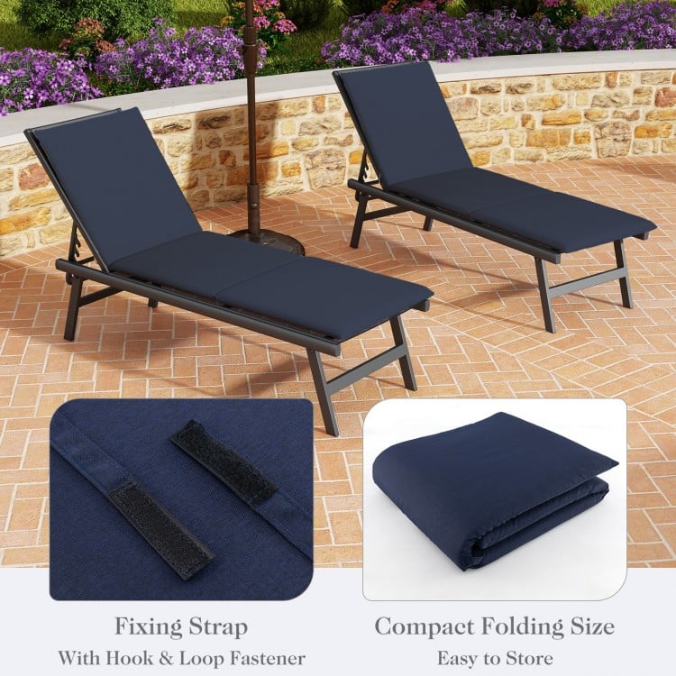 Navy outdoor chaise lounge cushion with fixing straps, tri-fold design for versatile reclining, ideal for patio.