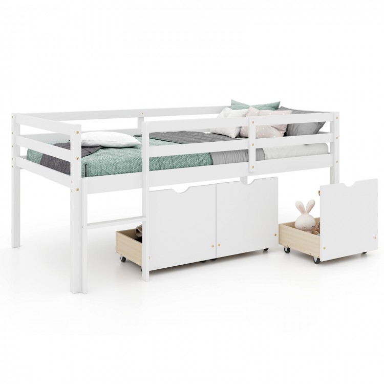 Twin size low loft bed in white with full-length guardrails and 3 storage drawers for efficient space-saving.