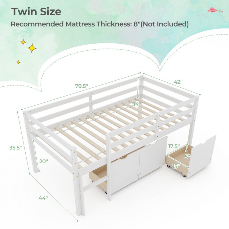 Twin size low loft bed in white with integrated ladder, full-length guardrails, and three storage drawers for.