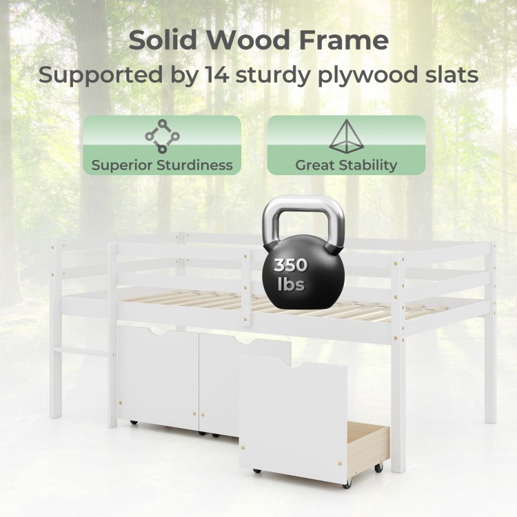 Twin size low loft bed in white with solid wood frame, 3 storage drawers, and full-length guardrails for safety.