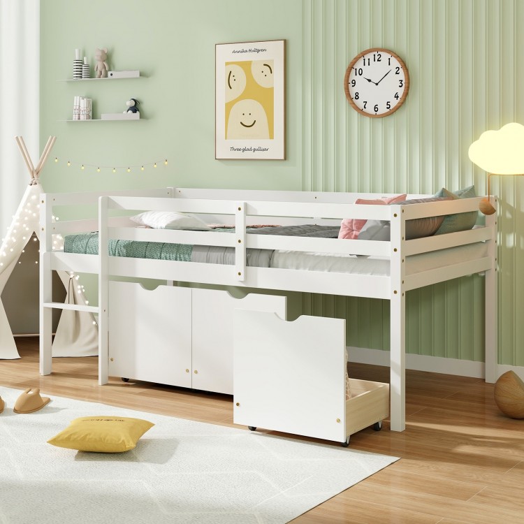 Twin size low loft bed in white with full-length guardrails and 3 storage drawers for organized bedroom space.