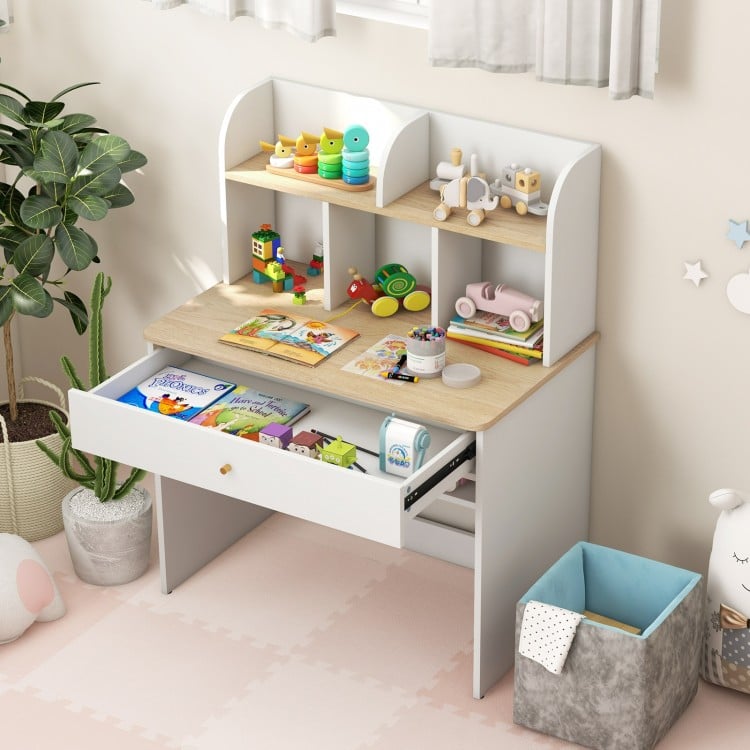 Kids wooden study desk with hutch and drawer, featuring diverse storage options and rounded edges for safety.