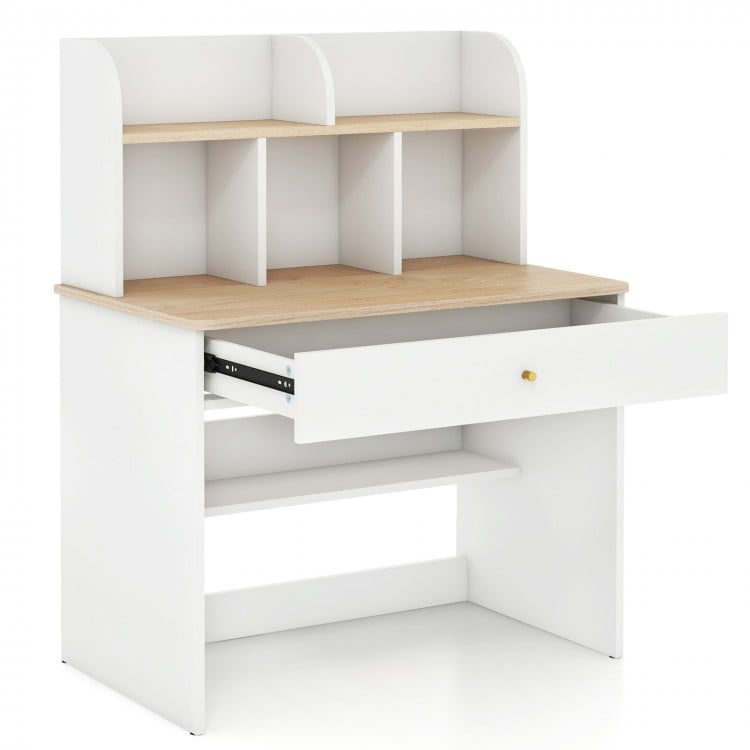 Kids wooden study desk with hutch and drawer, featuring a durable white finish and diverse storage options for.