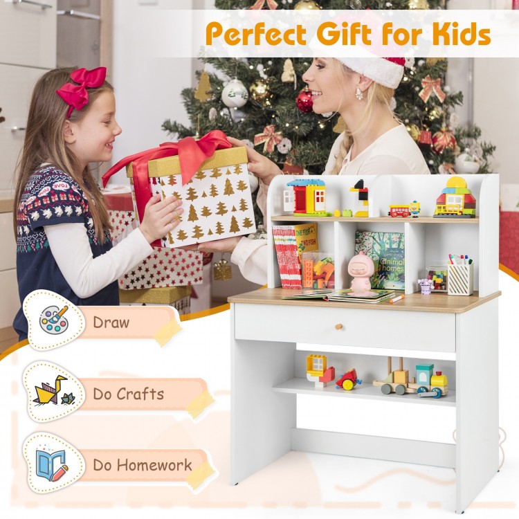 Kids wooden study desk with hutch and drawer, perfect for homework and crafts, featuring a safe, durable design.