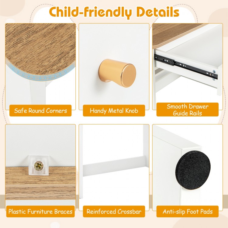 Child-friendly details of the Kids Wooden Study Desk, featuring safe round corners, metal knob, and anti-slip foot pads.