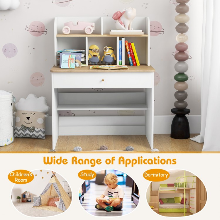 Kids wooden study desk with hutch, showcasing a stylish design and versatile use in children's rooms or study areas.