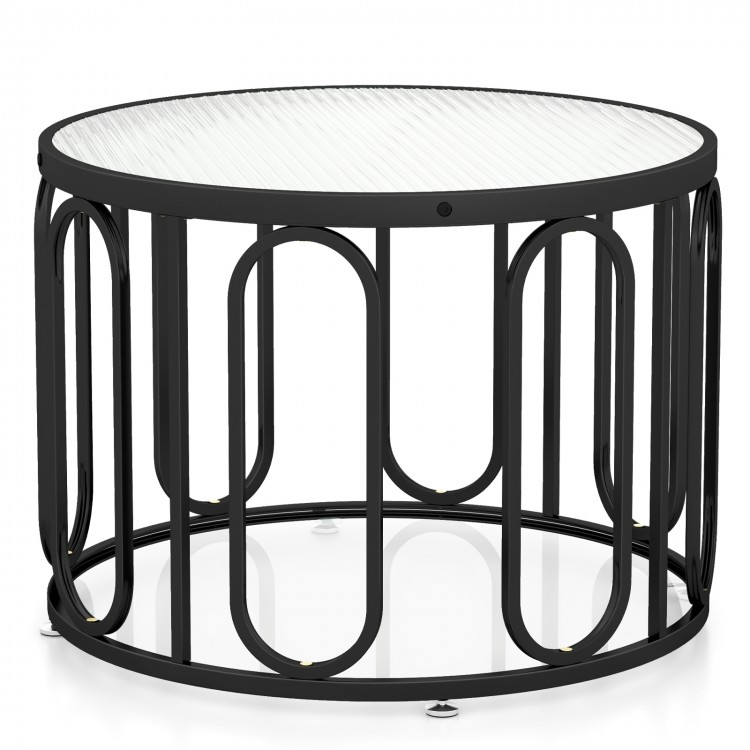 24-inch round coffee table with reeded tempered glass top and black oval swivel brackets for stylish living room.