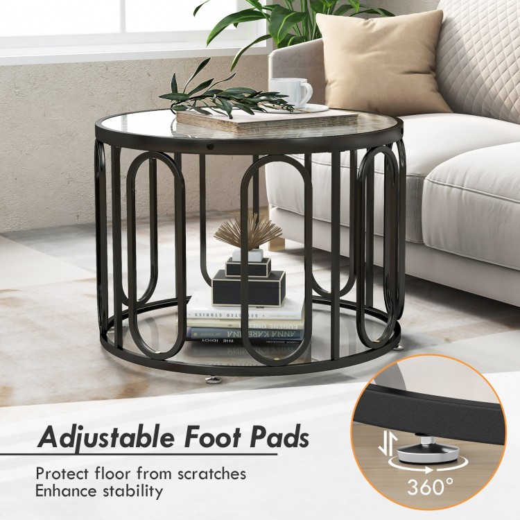 Detail of adjustable foot pads on a 24-inch round coffee table with a reeded tempered glass top, enhancing stability.
