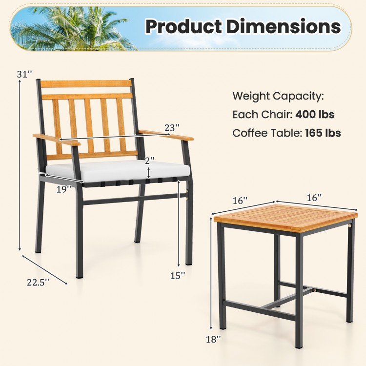 Dimensions of the 3 Pieces Outdoor Furniture Set featuring acacia wood and cushions, ideal for patio conversations.