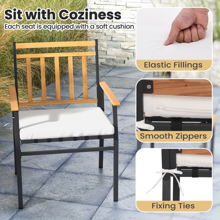 Outdoor chair with acacia wood armrests and soft white cushion, featuring smooth zippers and fixing ties for stability.