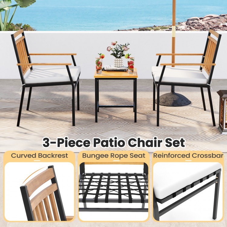3-piece patio chair set featuring acacia wood backrest and cushions, perfect for outdoor conversations and relaxation.
