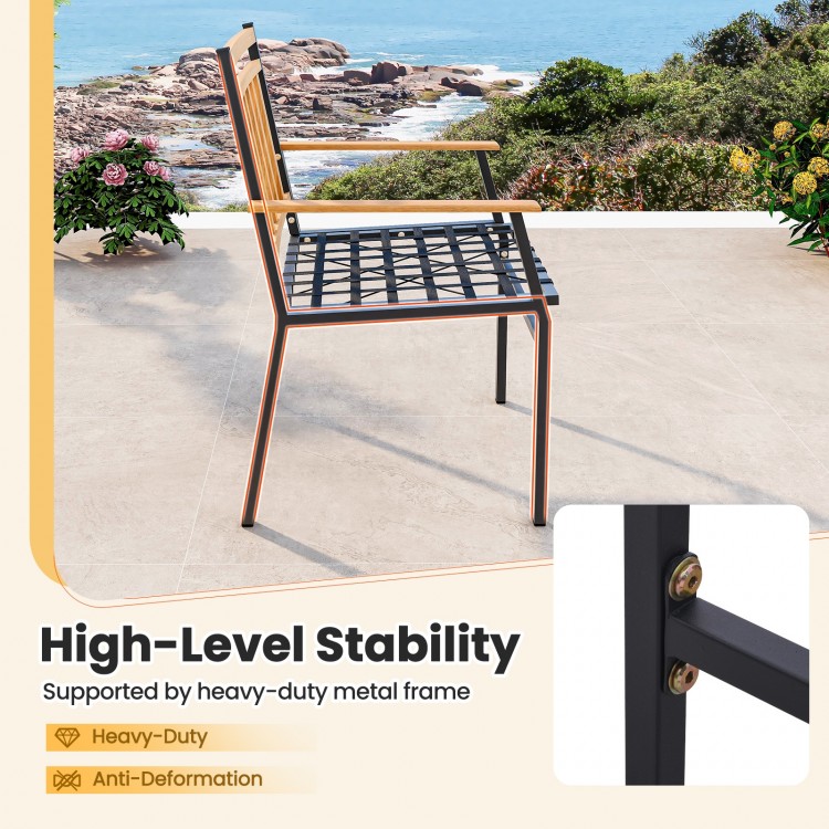 Heavy-duty metal frame chair with acacia wood backrest and soft cushions, ideal for outdoor patio relaxation.